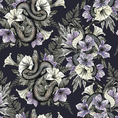 Watercolor snakes and poison flower pattern.Colorful seamless halloween pattern. Perfect for greetings, invitations, manufacture wrapping paper, textile and web design. Watercolor dark gothic pattern.
