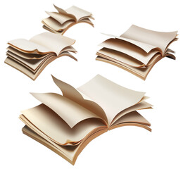 Four opened empty books flying forward isolated imagination concept