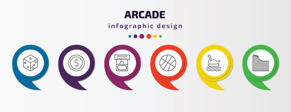 arcade infographic template with icons and 6 step or option. arcade icons such as dice, token, ticket booth, dunk, swan boat, roller coaster vector. can be used for banner, info graph, web,
