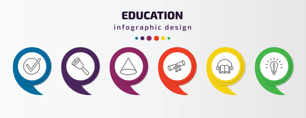 education infographic template with icons and 6 step or option. education icons such as check mark, hand bell, cone geometrical, diploma with a ribbon, audio book, having an idea vector. can be used