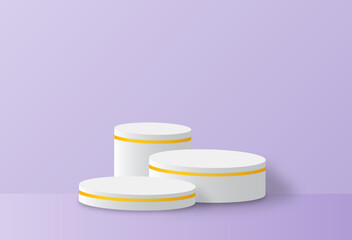 Geometric podium platform with golden round line. Commercial pedestal in purple pastel background.