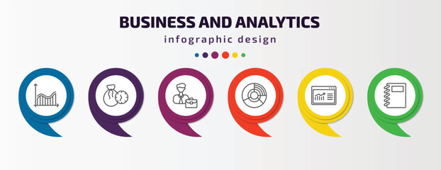 business and analytics infographic template with icons and 6 step or option. business and analytics icons such as profit analysis, debt, worker, circular chart, data, workbook vector. can be used