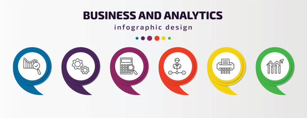 business and analytics infographic template with icons and 6 step or option. business and analytics icons such as search analytics, cogwheel hine part, supplies, department head, shredder, data