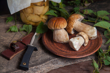 Clay plate with porcini mushroom commonly known as Boletus Edulis, glass jar with canned mushrooms...