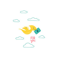 Cute dinosaur is flying with an envelope. Text for you