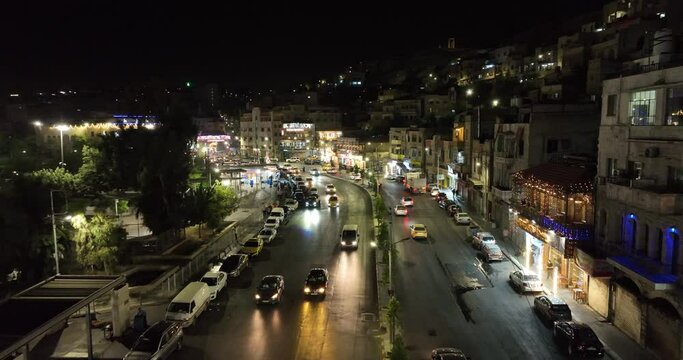 Aerial footage on a busy boulevard downtown Amman.