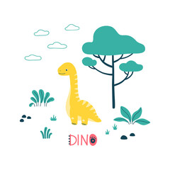 Cute dinosaur with leaves and tree. Dino text © Baranovska