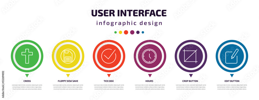 Poster user interface infographic element with icons and 6 step or option. user interface icons such as cro
