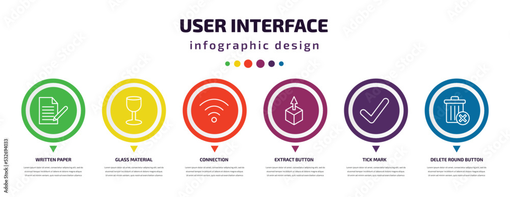 Poster user interface infographic element with icons and 6 step or option. user interface icons such as wri