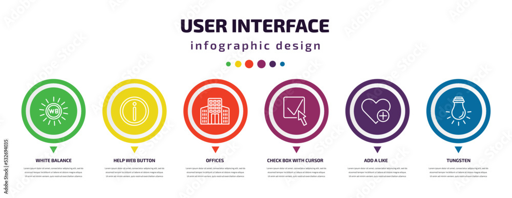 Poster user interface infographic element with icons and 6 step or option. user interface icons such as whi