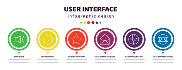 user interface infographic element with icons and 6 step or option. user interface icons such as loud audio, anti clockwise, rounded point star, email opened envelope, record voice button, email