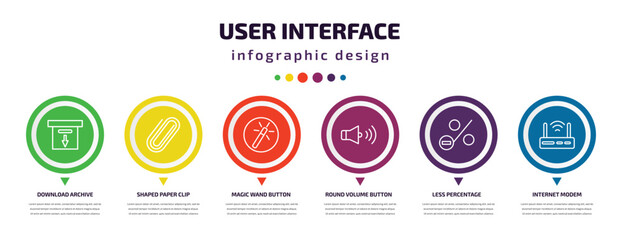 user interface infographic element with icons and 6 step or option. user interface icons such as download archive, shaped paper clip, magic wand button, round volume button, less percentage,