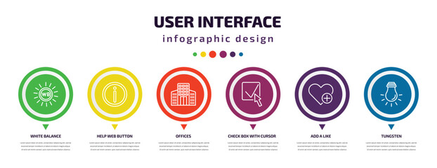 user interface infographic element with icons and 6 step or option. user interface icons such as white balance, help web button, offices, check box with cursor, add a like, tungsten vector. can be