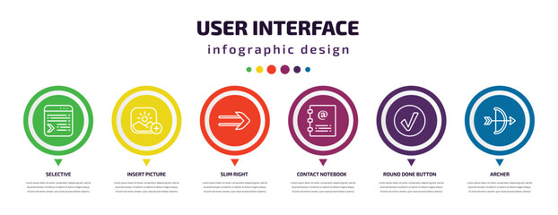 user interface infographic element with icons and 6 step or option. user interface icons such as selective, insert picture, slim right, contact notebook, round done button, archer vector. can be