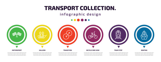 transport collection. infographic element with icons and 6 step or option. transport collection. icons such as motorsport, galleon, transition, bicycle side view, tram stop, boating vector. can be