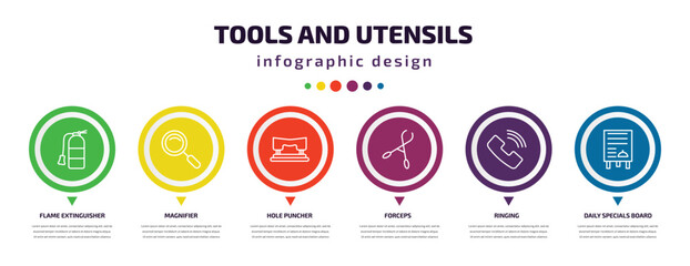 tools and utensils infographic element with icons and 6 step or option. tools and utensils icons such as flame extinguisher, magnifier, hole puncher, forceps, ringing, daily specials board vector.