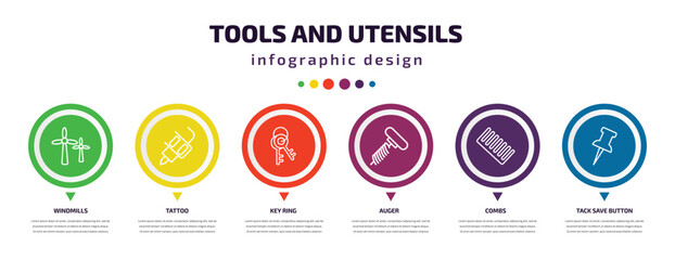 tools and utensils infographic element with icons and 6 step or option. tools and utensils icons such as windmills, tattoo, key ring, auger, combs, tack save button vector. can be used for banner,