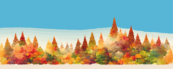 autumn landscape, yellow, red trees and white, blue sky