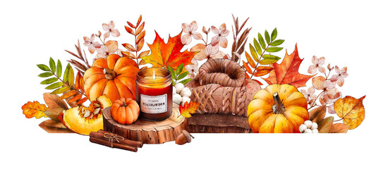 Watercolor trendy cozy autumn frame template: woolen sweaters, candle in glass, pumpkins, autumn leaves, dry flowers, hydrangea. Hand drawn Hygge illustration for sticker, invitation, card, banner