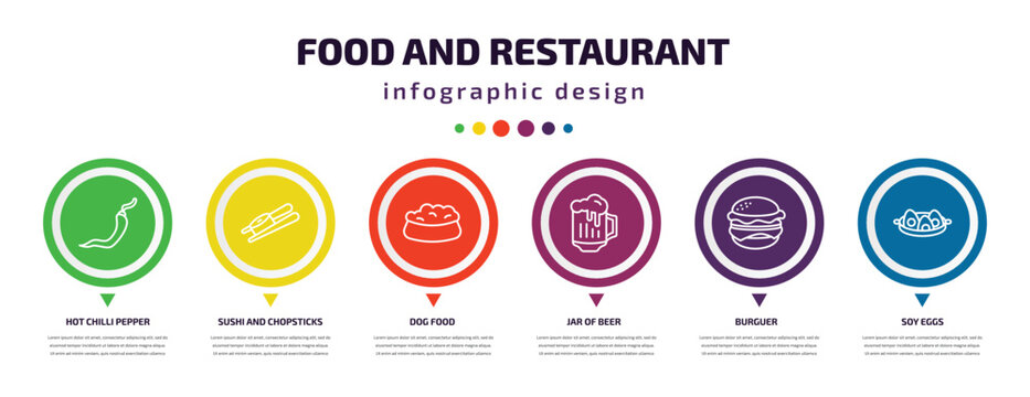 food and restaurant infographic element with icons and 6 step or option. food and restaurant icons such as hot chilli pepper, sushi chopsticks, dog food, jar of beer, burguer, soy eggs vector. can