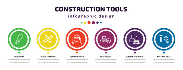 construction tools infographic element with icons and 6 step or option. construction tools icons such as wedge tool, pencil and ruler, concrete mixer, road roller, dustpan and brush, nuts bolts