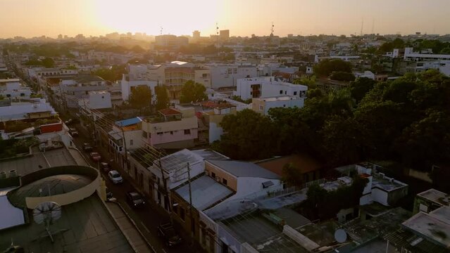 Beautiful Sunset Over Ciudad Colonial Of Santo Domingo In Dominican Republic. Aerial Drone Shot