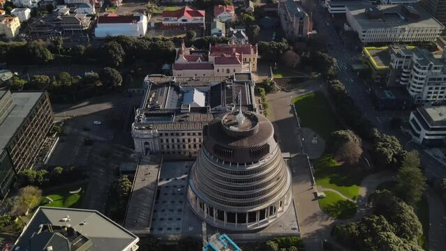 Beautiful aerial of Beehive, parliament building in Wellington city centre. New Zealand