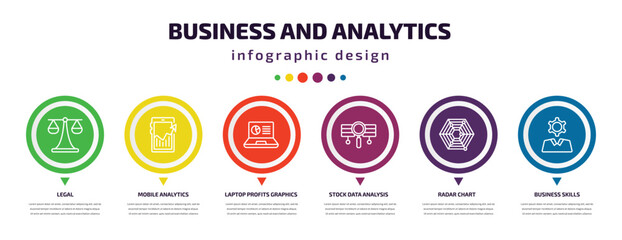 Naklejka premium business and analytics infographic element with icons and 6 step or option. business and analytics icons such as legal, mobile analytics, laptop profits graphics, stock data analysis, radar chart,