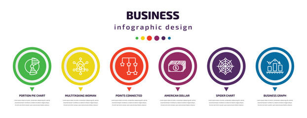 business infographic element with icons and 6 step or option. business icons such as portion pie chart, multitasking woman, points connected chart, american dollar bill, spider chart, business graph