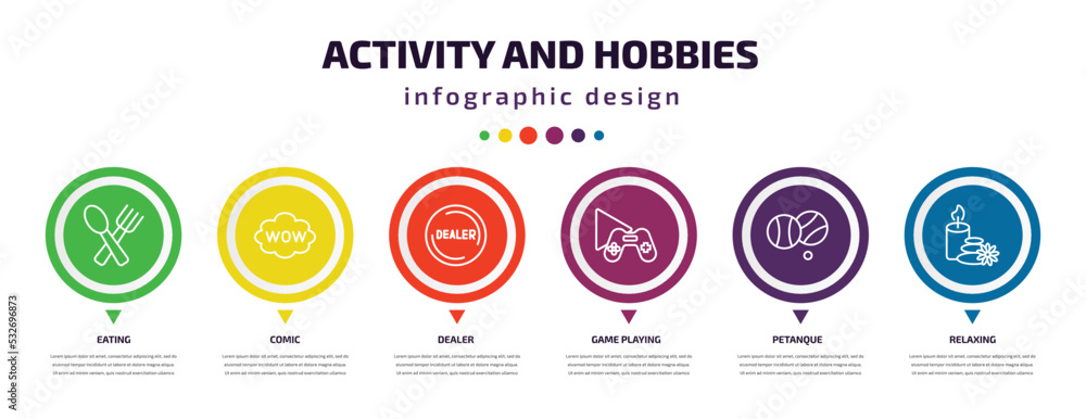 Poster activity and hobbies infographic element with icons and 6 step or option. activity and hobbies icons
