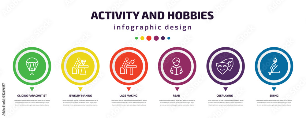 Poster activity and hobbies infographic element with icons and 6 step or option. activity and hobbies icons