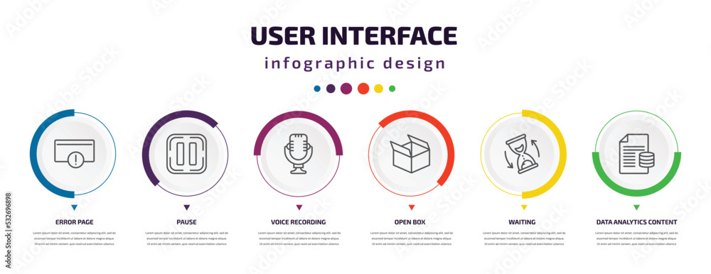 Poster user interface infographic element with icons and 6 step or option. user interface icons such as err