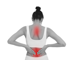 Woman suffering back pain in back on white background