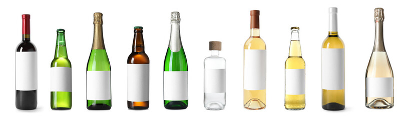 Set with bottles of different alcohol drinks on white background. Banner design