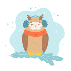Vector winter owl is sitting dressed in scarf and earmuffs on the branch of tree. Cute seasonal cartoon character of brown wild bird in snow for christmas party