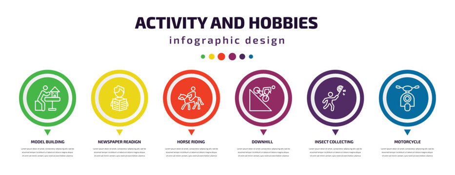 activity and hobbies infographic element with icons and 6 step or option. activity and hobbies icons such as model building, newspaper readign, horse riding, downhill, insect collecting, motorcycle