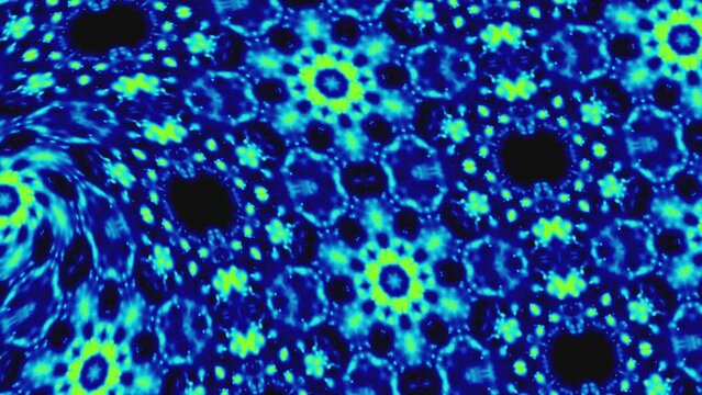 Green and blue kaleidoscope pattern rotate at left. 2D rendering abstract background