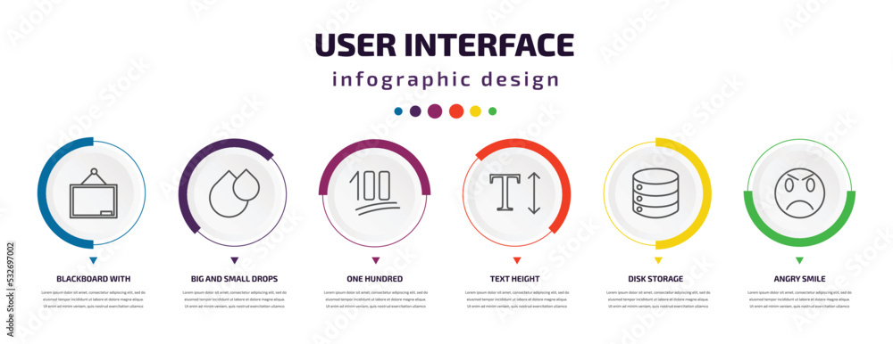 Wall mural user interface infographic element with icons and 6 step or option. user interface icons such as blackboard with, big and small drops, one hundred, text height, disk storage, angry smile vector. can