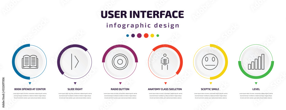 Aufkleber user interface infographic element with icons and 6 step or option. user interface icons such as boo