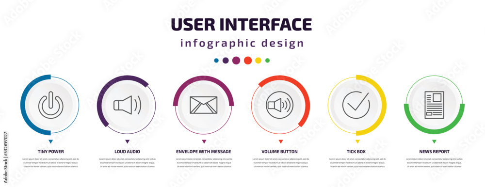 Aufkleber user interface infographic element with icons and 6 step or option. user interface icons such as tin