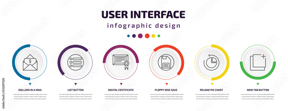 Poster user interface infographic element with icons and 6 step or option. user interface icons such as dol