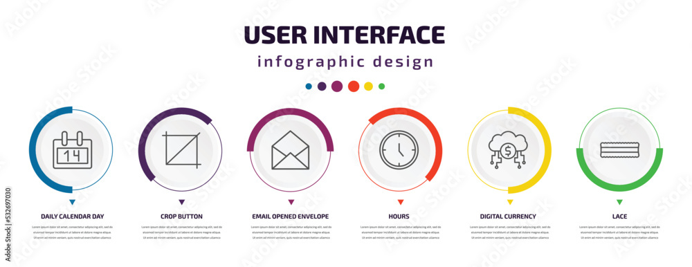 Poster user interface infographic element with icons and 6 step or option. user interface icons such as dai