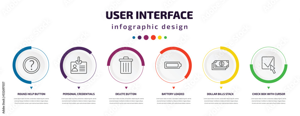 Poster user interface infographic element with icons and 6 step or option. user interface icons such as rou