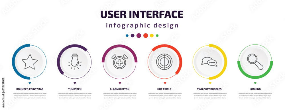 Poster user interface infographic element with icons and 6 step or option. user interface icons such as rou