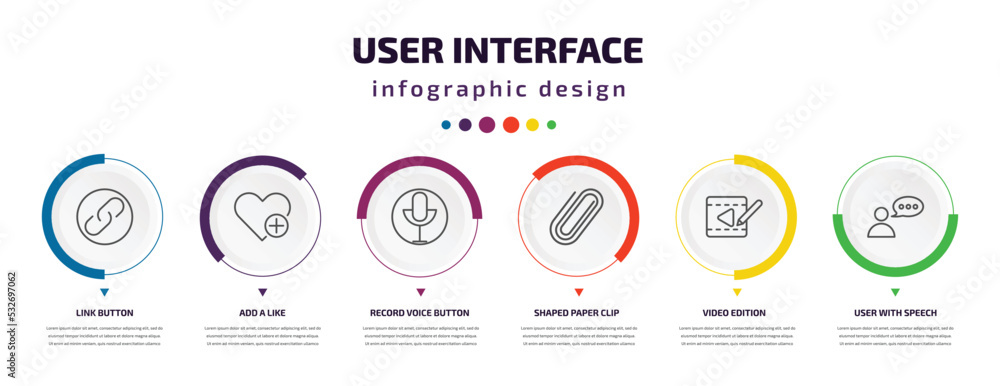 Poster user interface infographic element with icons and 6 step or option. user interface icons such as lin