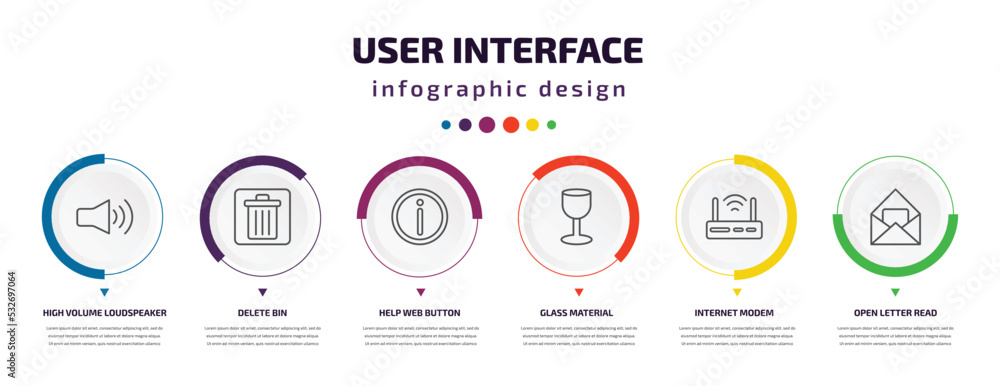 Poster user interface infographic element with icons and 6 step or option. user interface icons such as hig