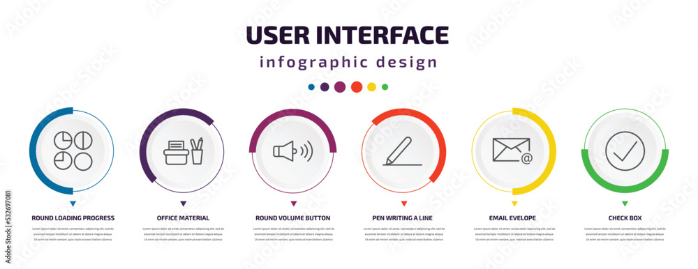Poster user interface infographic element with icons and 6 step or option. user interface icons such as rou