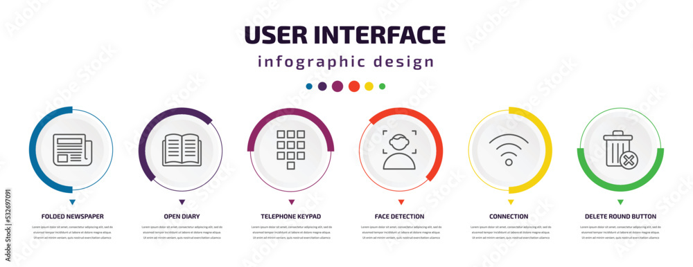 Poster user interface infographic element with icons and 6 step or option. user interface icons such as fol