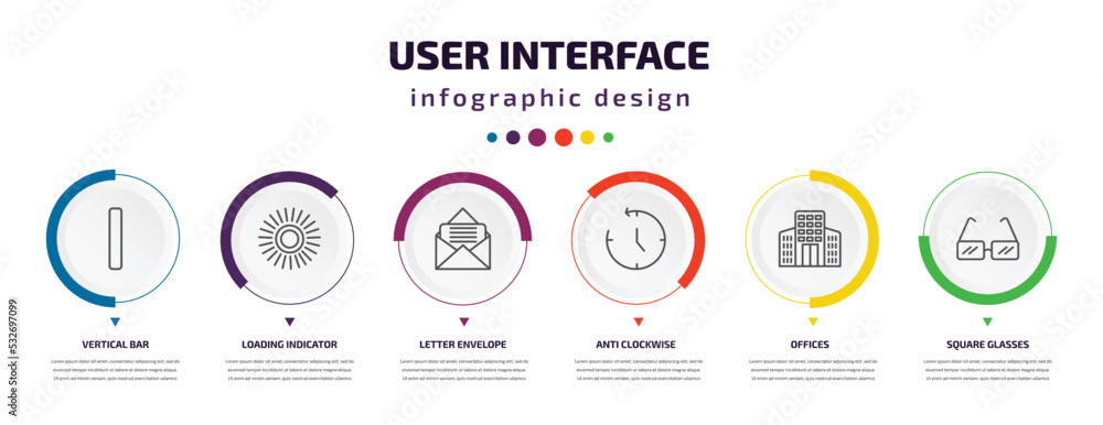 Poster user interface infographic element with icons and 6 step or option. user interface icons such as ver