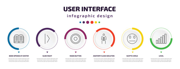 user interface infographic element with icons and 6 step or option. user interface icons such as book opened at center, slide right, radio button, anatomy class skeleton, sceptic smile, level